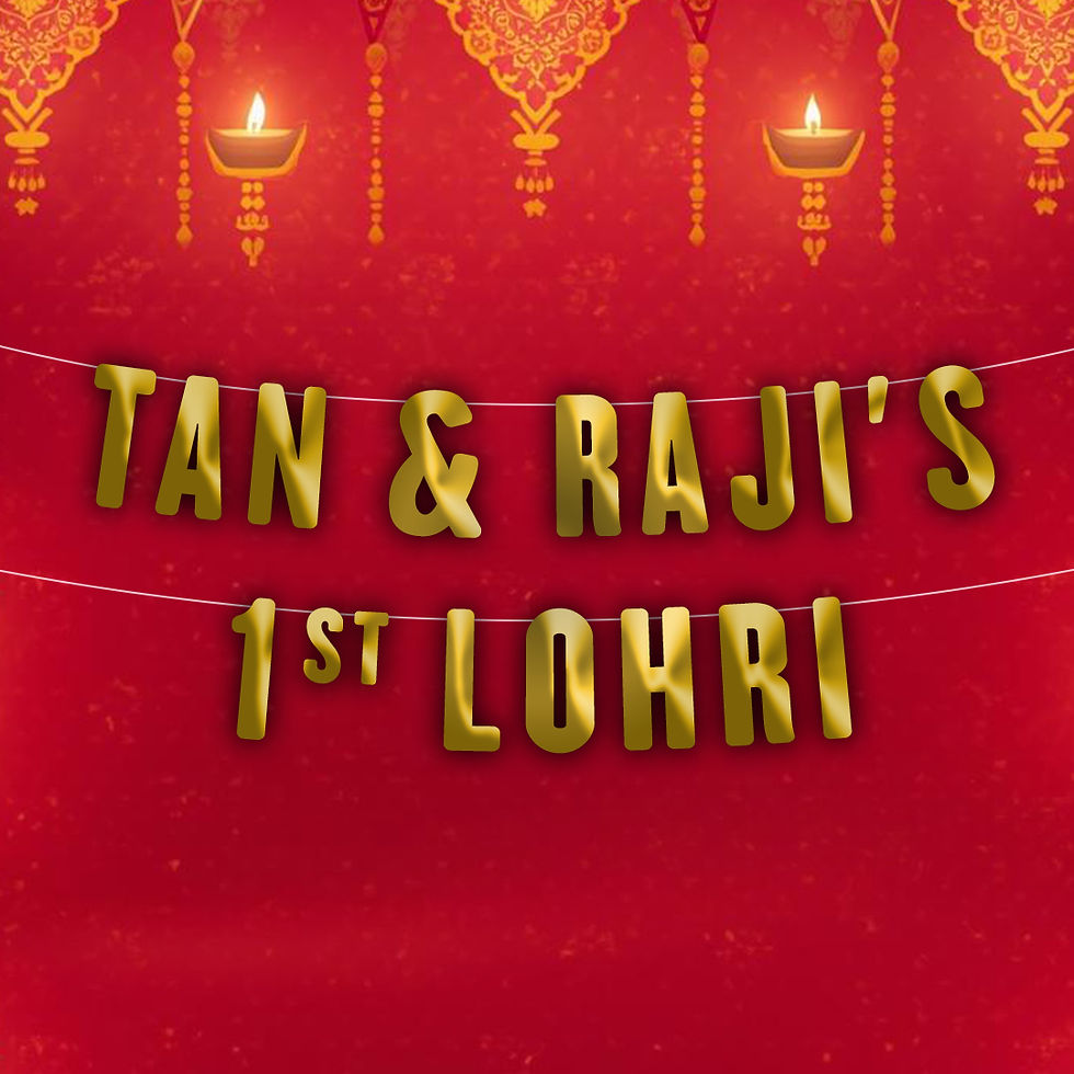 1st wedding lohri bunting banner against a lohri themed red backdrop. Gold letters against red background.