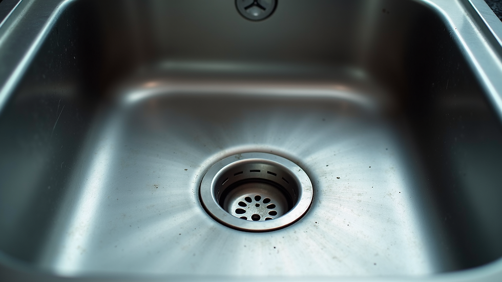 High angle view of a kitchen sink drain with a metal strainer