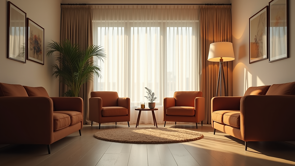 Eye-level view of a cozy coaching room with comfortable chairs and soft lighting