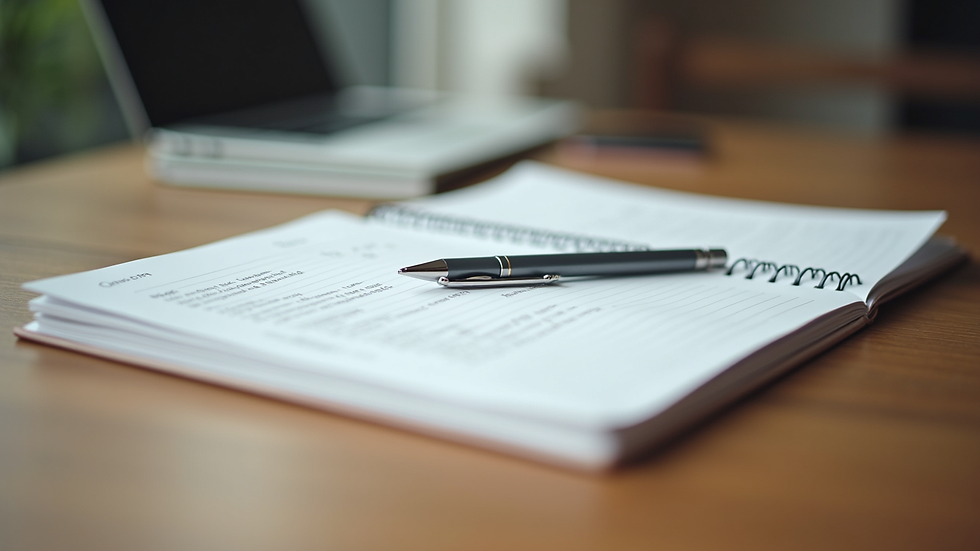 Close-up view of a notebook with coaching notes and a pen on a wooden table