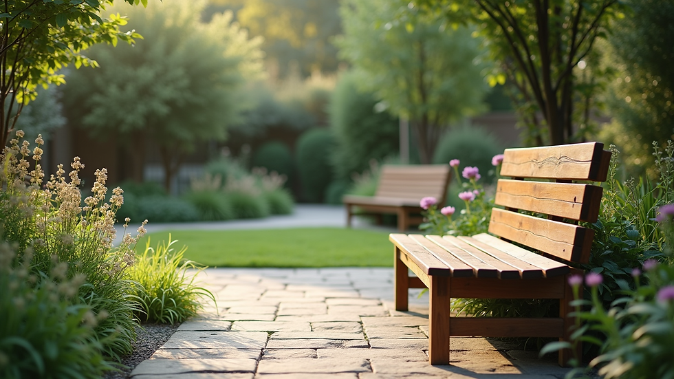 close-up view of a calm therapy garden with benches and greenery