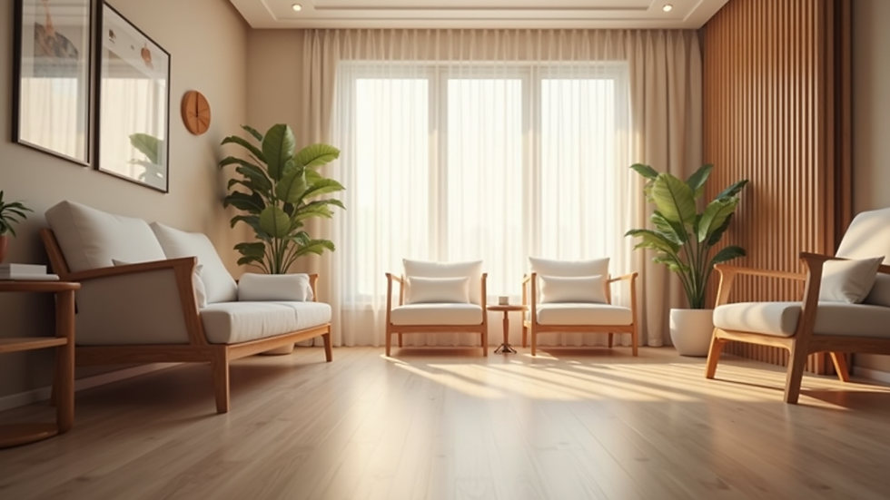 Eye-level view of a calm therapy room with soft lighting and comfortable chairs