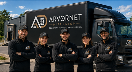 Équipe Arvornet Diffusion devant un camion de livraison.