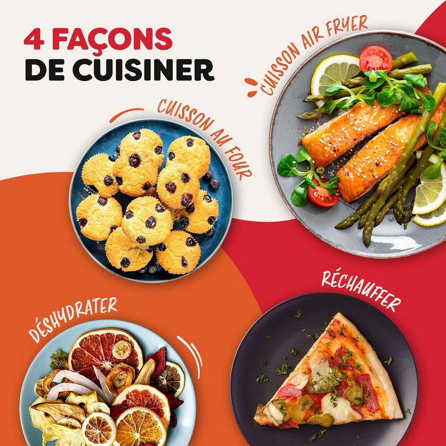 4 façons de cuisiner : Air Fryer, Four, Déshydrater et Réchauffer.