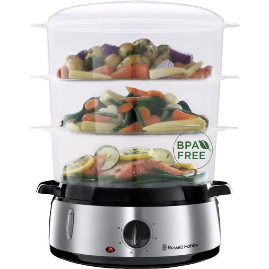 Cuit-vapeur Russell Hobbs 3 niveaux avec légumes et poisson sans BPA.