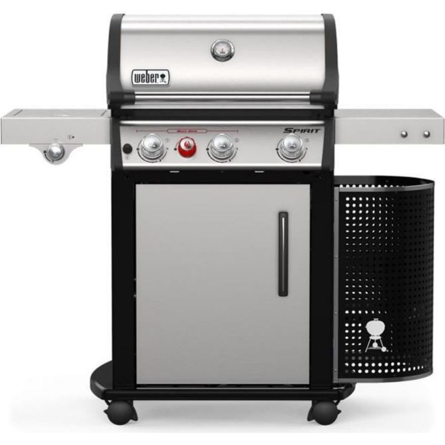 Barbecue à gaz Weber Spirit avec cuve en inox et chariot noir.