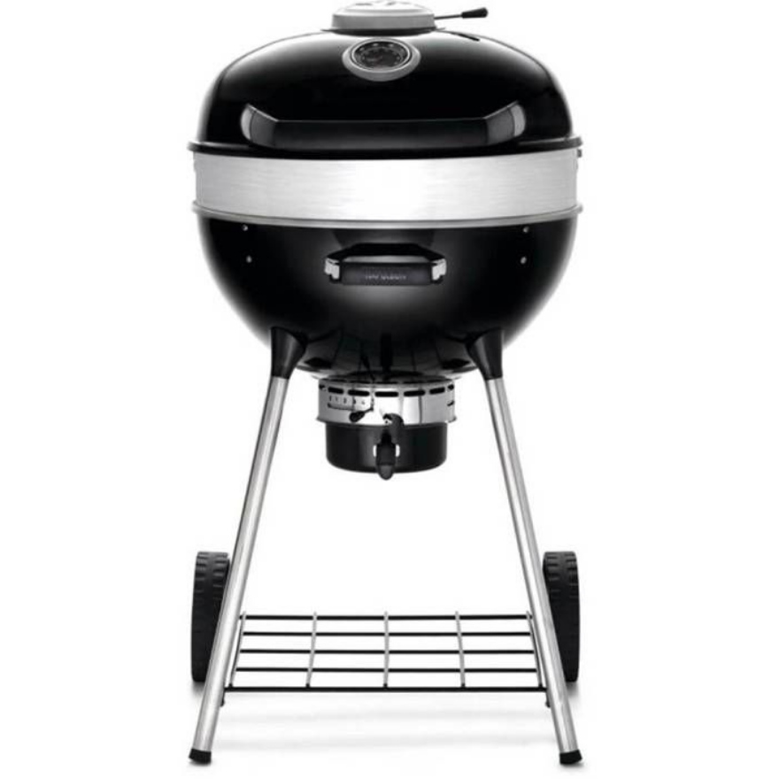 Barbecue au charbon noir sur pieds avec roues et étagère