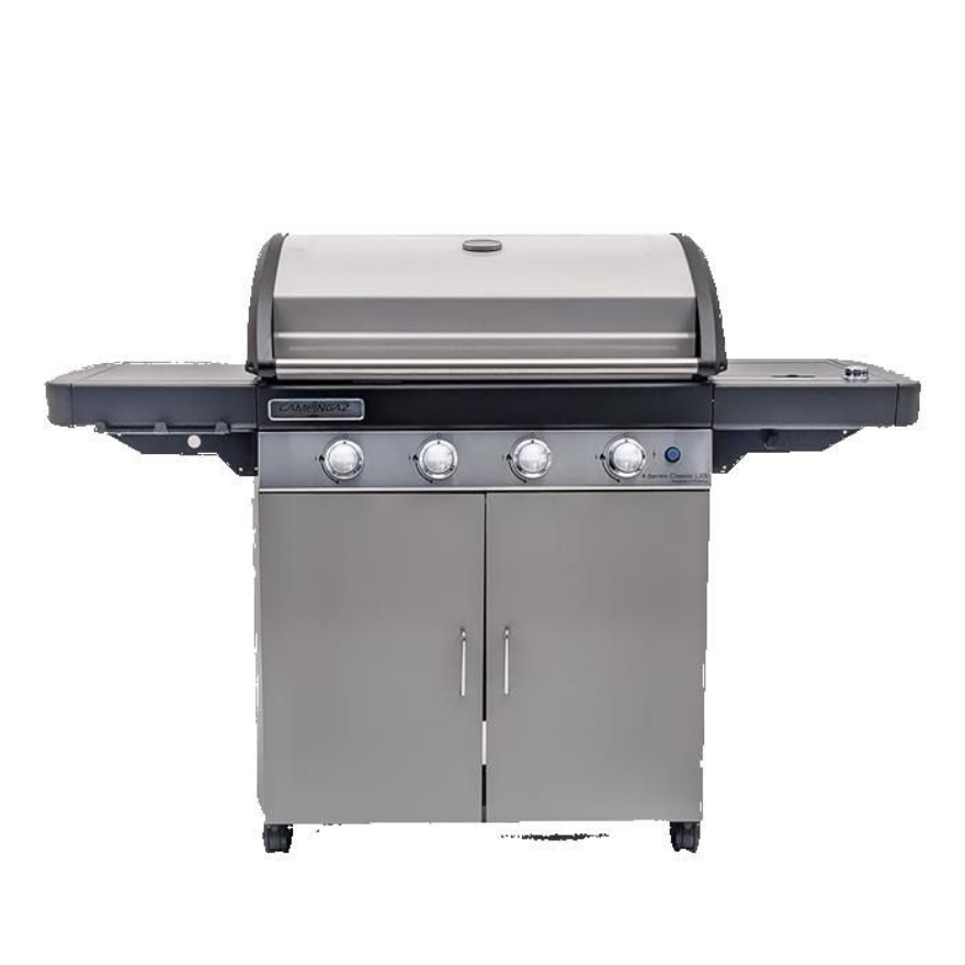 Barbecue à gaz en acier inoxydable avec quatre brûleurs.
