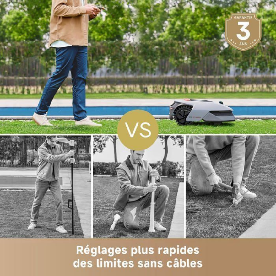 Comparaison robot tondeuse Dreame A1 Pro sans fil vs installation avec câbles.