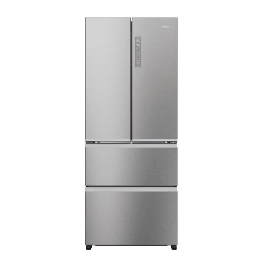 Réfrigérateur multi-portes en acier inoxydable gris.