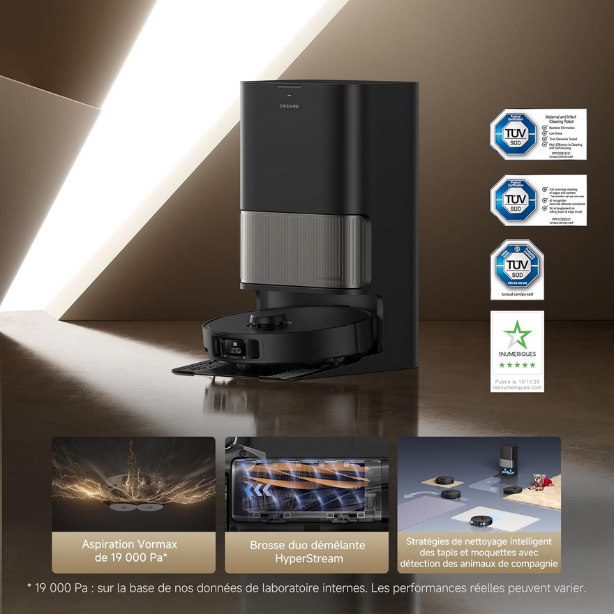 Roborock Q7 L5+ noir avec station et certifications TÜV.