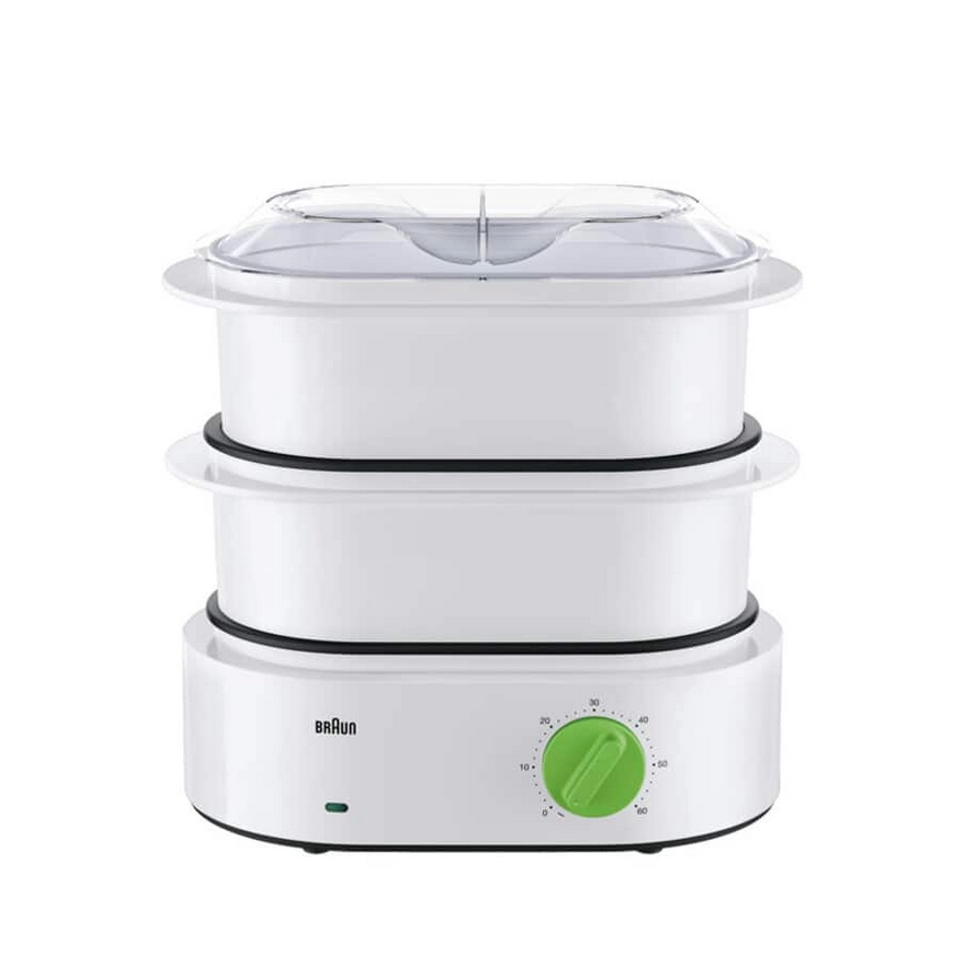 Cuit-vapeur électrique blanc à deux étages avec bouton vert.