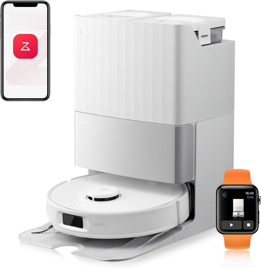 Roborock Q7 L5+ blanc sur station avec smartphone et montre.
