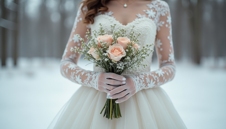 Eye-level view of a bride wearing long lace gloves holding a bouquet of winter flowers