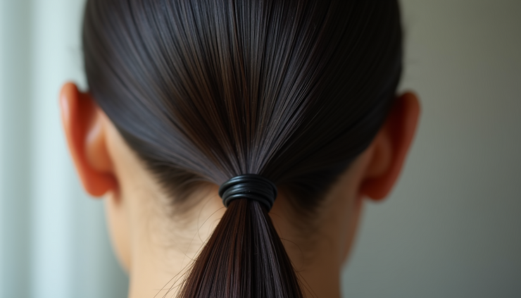 Close-up view of hair styled in a high-shine slick back with smooth texture