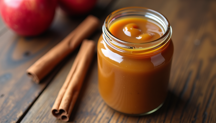 Close-up view of a jar of smooth apple butter with cinnamon sticks