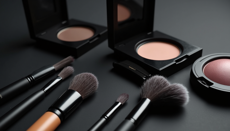 High angle view of makeup brushes and Scorpio-inspired makeup products arranged on a dark surface