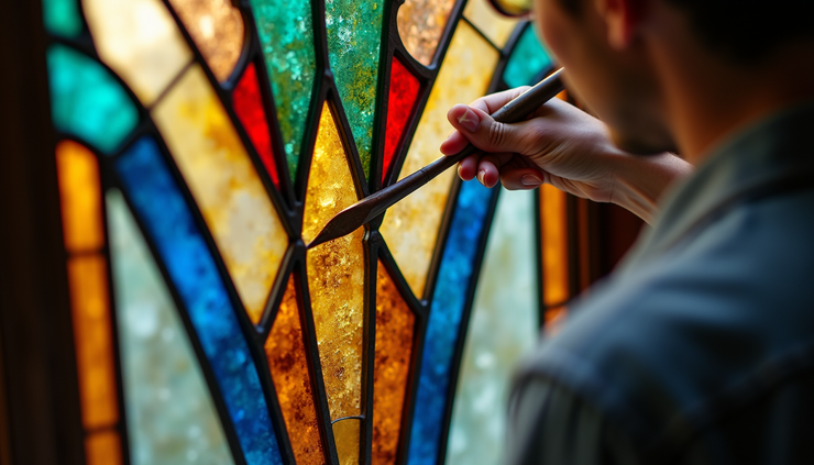 High angle view of a craftsman restoring a stained glass window with tools and glass pieces