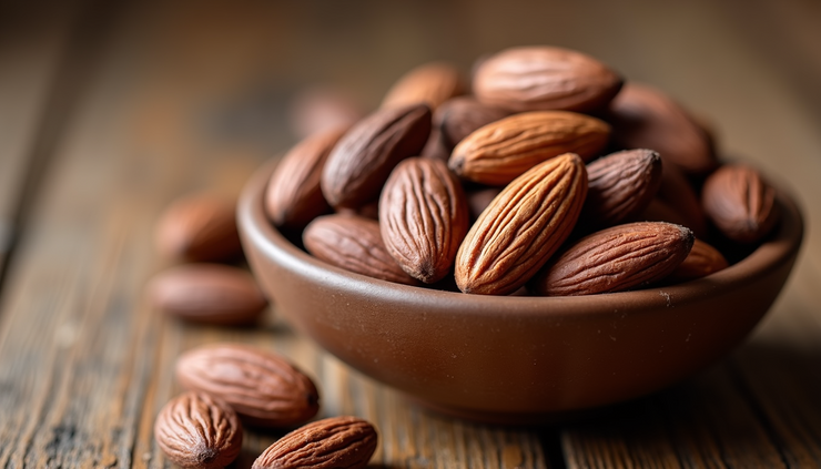 Close-up view of a bowl filled with glossy chocolate-covered almonds on a rustic wooden table