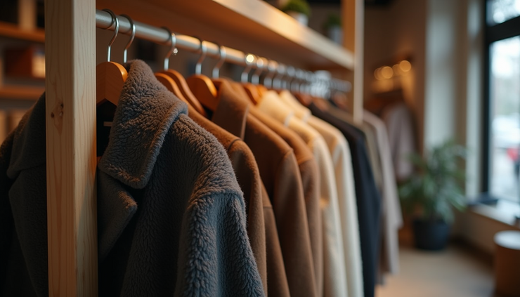 Eye-level view of a stylish winter coat hanging on a wooden rack