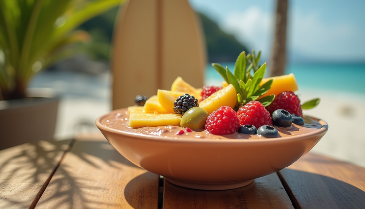 Close-up view of a smoothie bowl with tropical fruits and a surfboard in the background