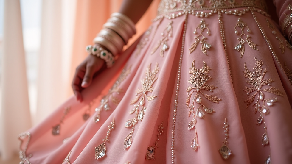 Eye-level view of a pastel pink lehenga with intricate embroidery
