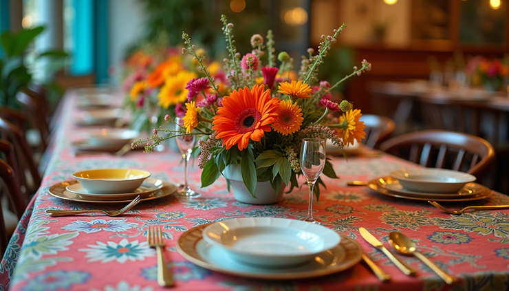 Eye-level view of a dining table set with colorful patterned plates and bright floral centerpieces