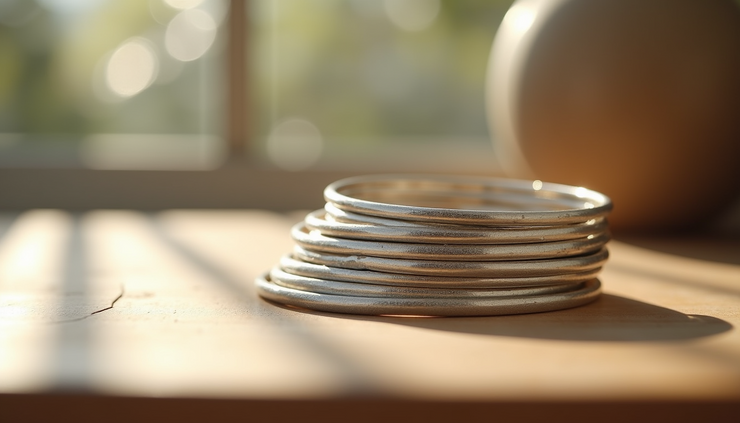 Close-up view of sculptural silver bangles stacked on a wooden surface