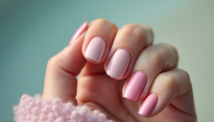 Eye-level view of a hand with glossy and matte nail finishes in pastel colors