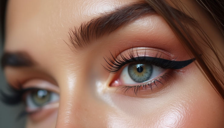 Close-up view of eye makeup featuring draped eyes and under-eye blush