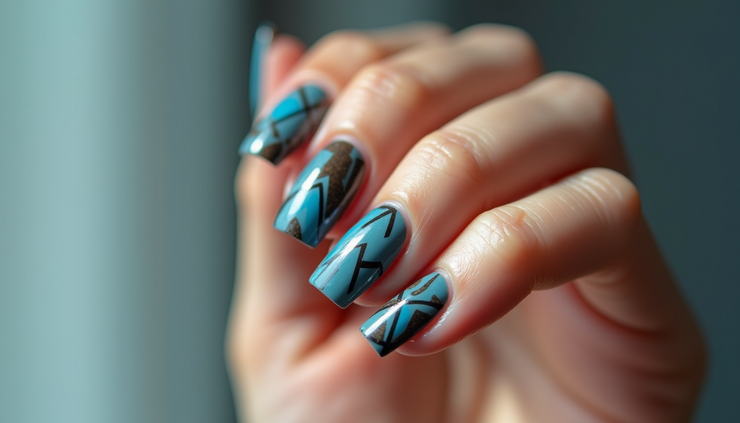 Close-up view of blue and brown nail art with geometric patterns