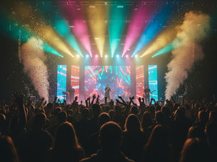 A crowd of people enjoying a live music performance. There are bright lights and the crowd are all waving their hands