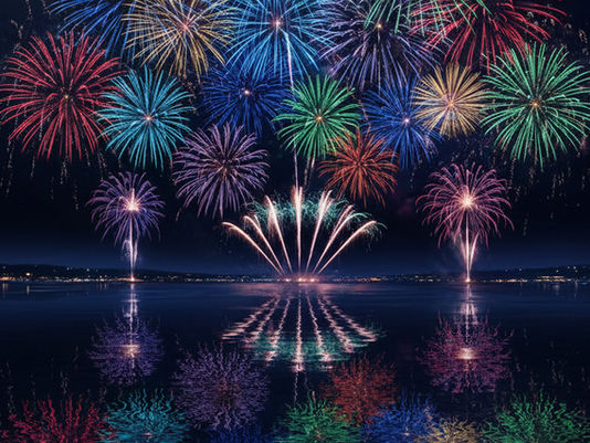 Colourful fireworks over the sea