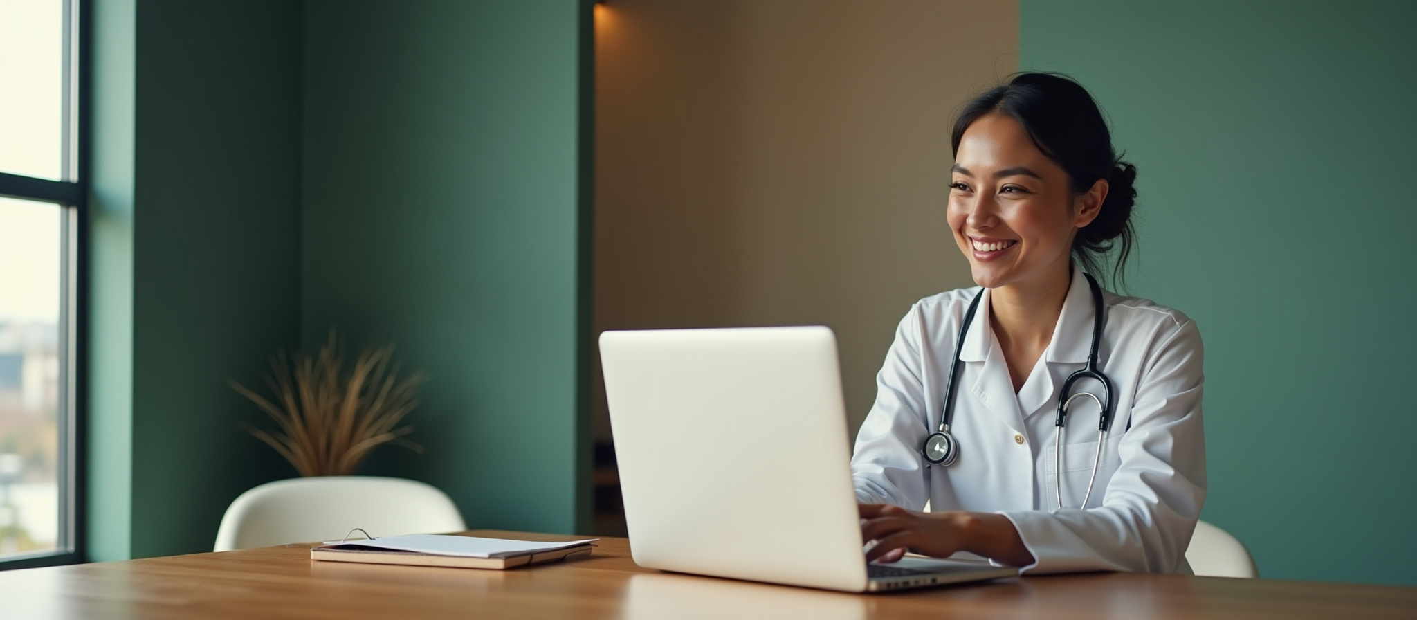 Medical professional smiling at a laptop because Wild Desk’s remote virtual assistant team manages veterinary admin tasks efficiently