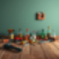 create an animated assortment of power tools and liquor bottles scattered across an old wo