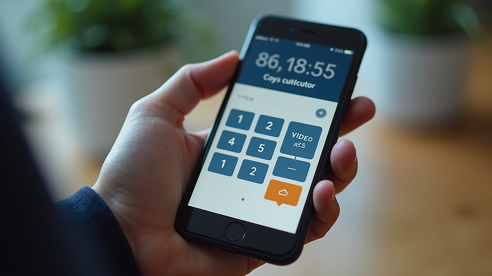 Close-up of a hand using a smartphone with a video cost calculator app