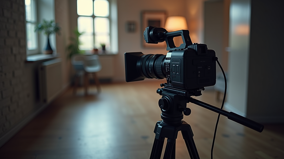 High angle view of a professional video camera on a tripod in a studio