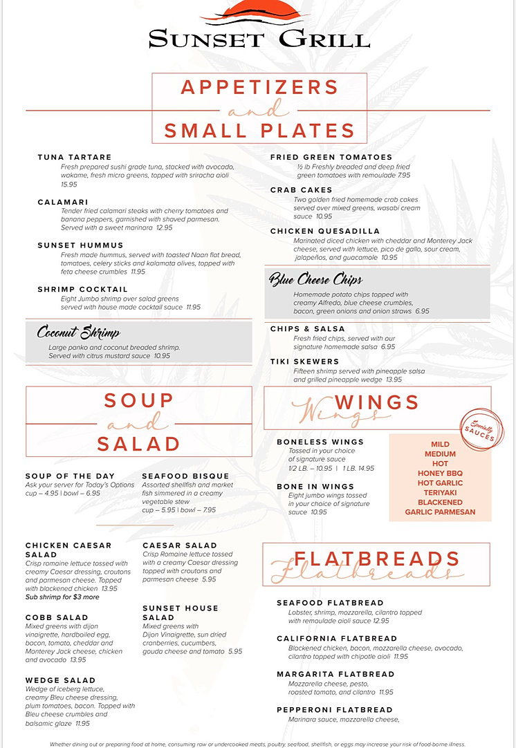 Waterfront Restaurant | Sunset Grill at Little Harbor | Ruskin, FL | Menu