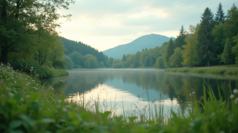 Eye-level view of a serene lakeside setting with lush greenery
