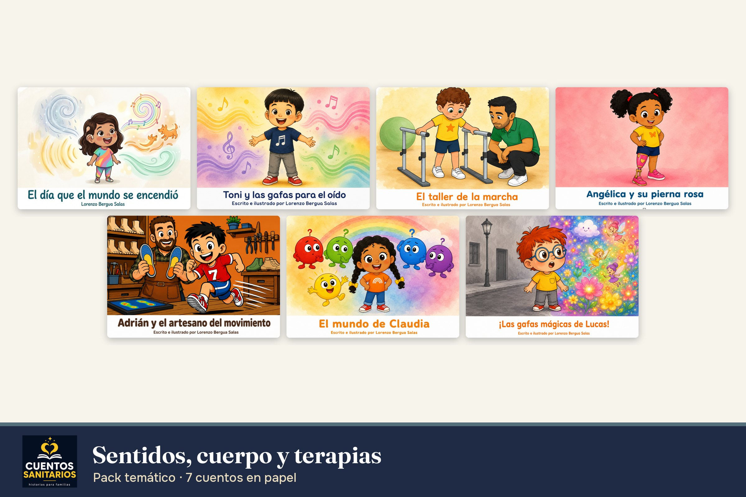 Portadas de los 7 cuentos del pack temático «Sentidos, cuerpo y terapias» de Cuentos Sanitarios: materiales en PDF