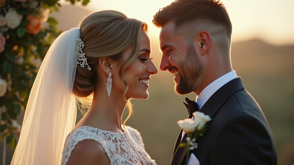 Eye-level view of a bride and groom sharing a joyful moment during their wedding ceremony