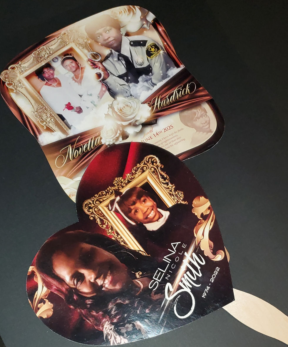 Custom Cut Shape memorial funeral hand fan shown in breadloaf & heartshapes