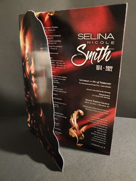 Specialty 12-page Funeral Program with Cut out cover of the Deceased featuring cover cut open to reveal under flap