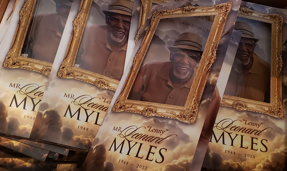Thumbnail: Men's Gold, Grey and Tan Printed Trifold Funeral Program closed with transparent underlay