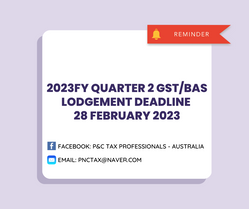 Business in Australia (ABN):: 2023FY Quarter 2 GST/BAS Lodgement Deadline (28/02/2023)