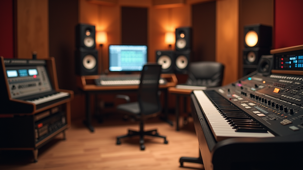 Eye-level view of a modern recording studio with sound equipment
