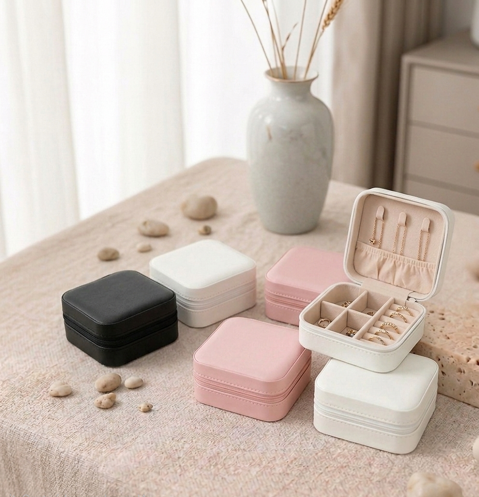 Small square travel jewelry cases in black, white, and pink.