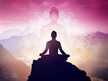 Meditation in yoga lotus position. Mindfulness and self awereness practice. Silhiuette of