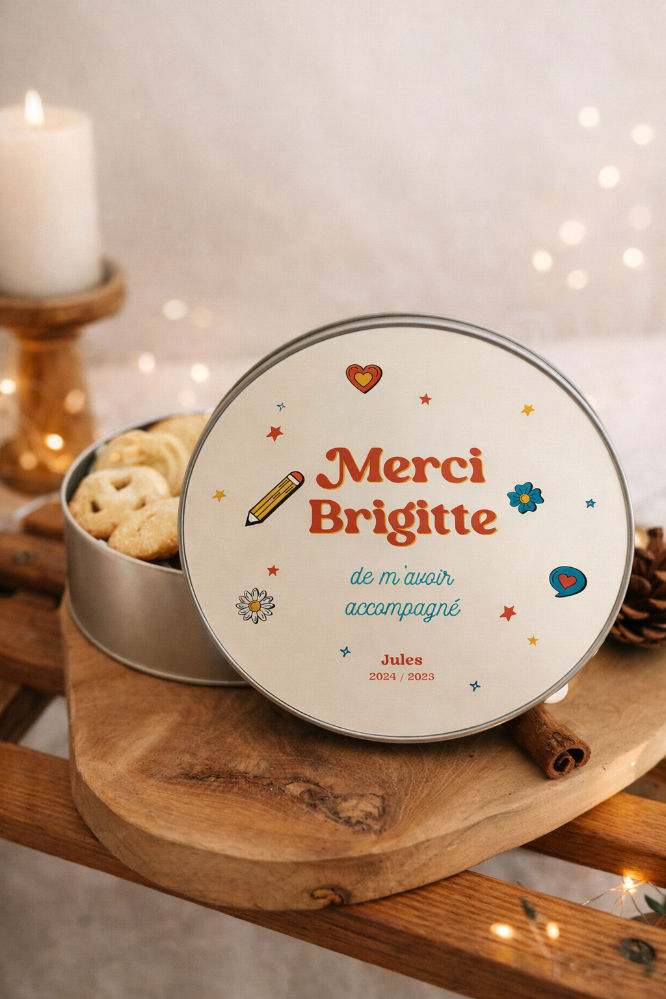 boite biscuit métal personnalisé cadeau maitresse nounou atsem