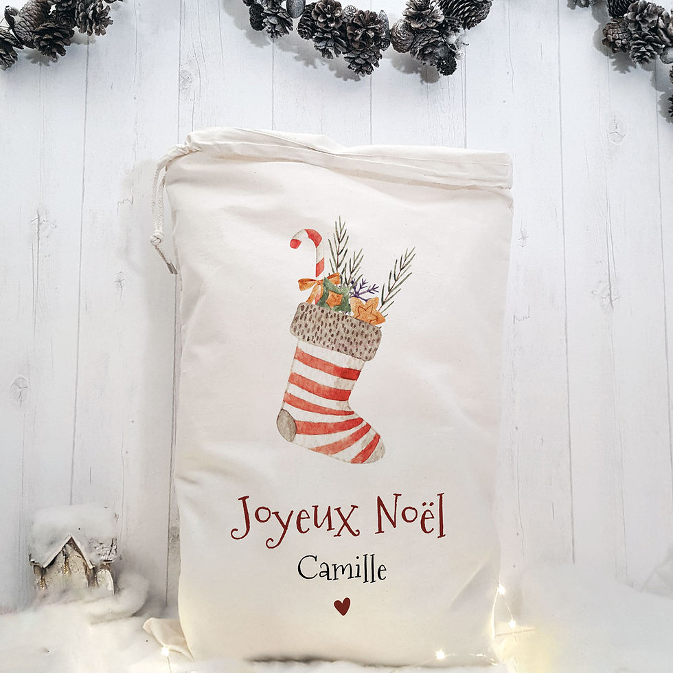 Sac De Noël Personnalisé Au Prénom - 100% Coton Avec Cordon - Plusieurs Tailles (S à XL) - Pour Cadeaux Ou Décoration